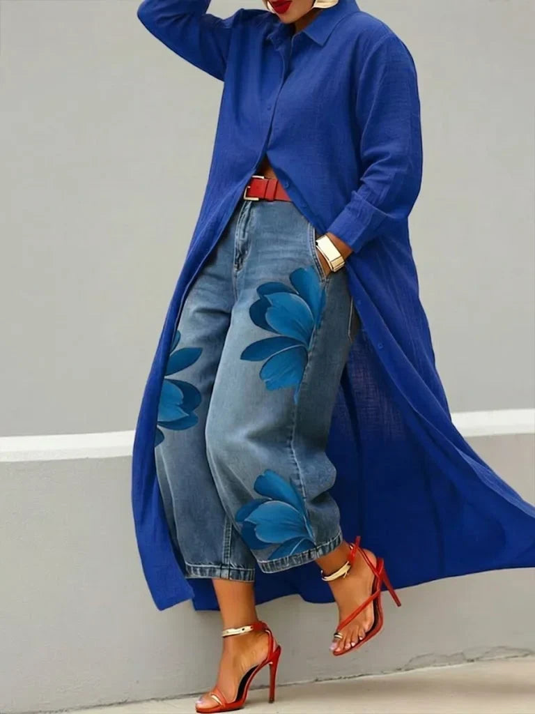 Analie | Conjunto de vestido camisero y vaqueros florales