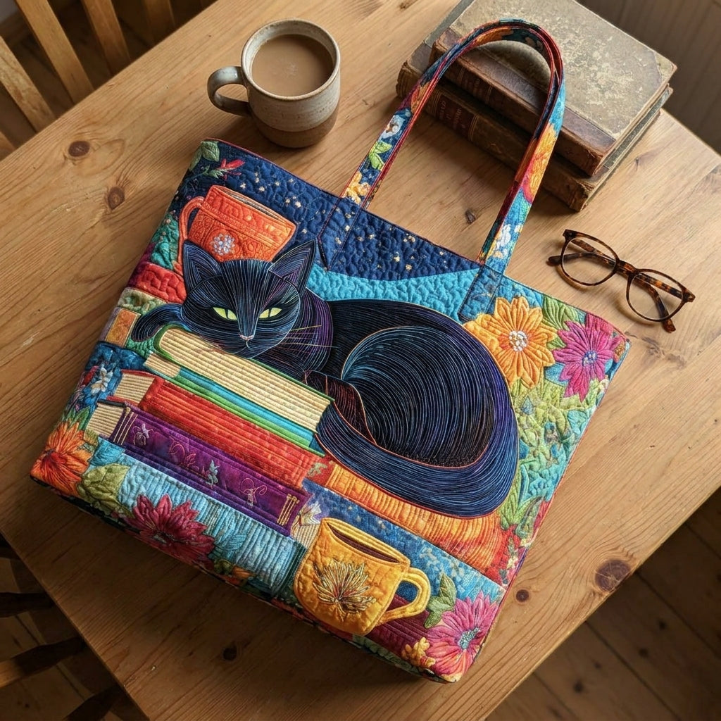 Bolso con gato negro, libros y tazas
