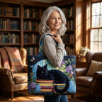 Bolso con gato negro sobre libros