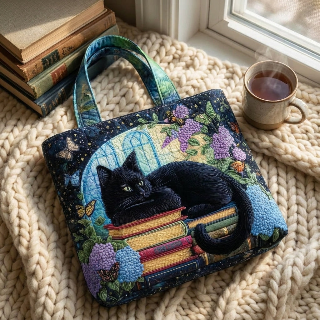 Bolso con gato negro sobre libros