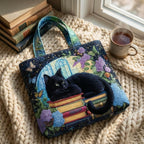 Bolso con gato negro sobre libros