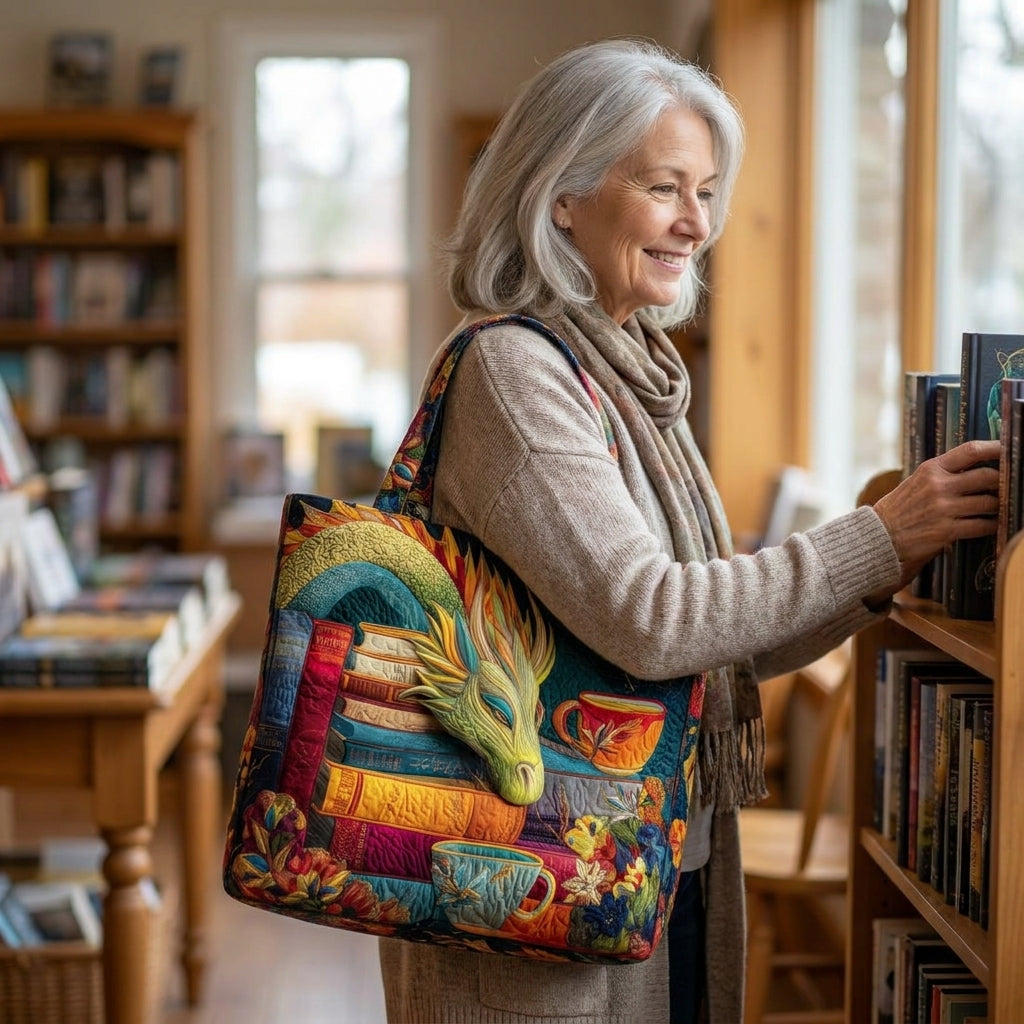Bolso con dragón lector, libros y tazas