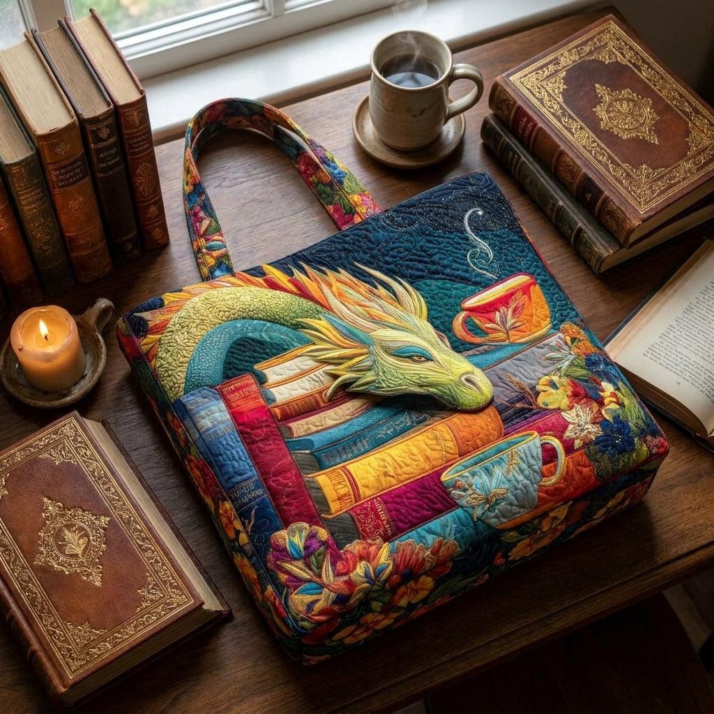 Bolso con dragón lector, libros y tazas