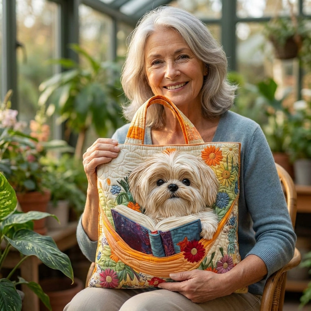 Bolso con shih tzu, libros y flores