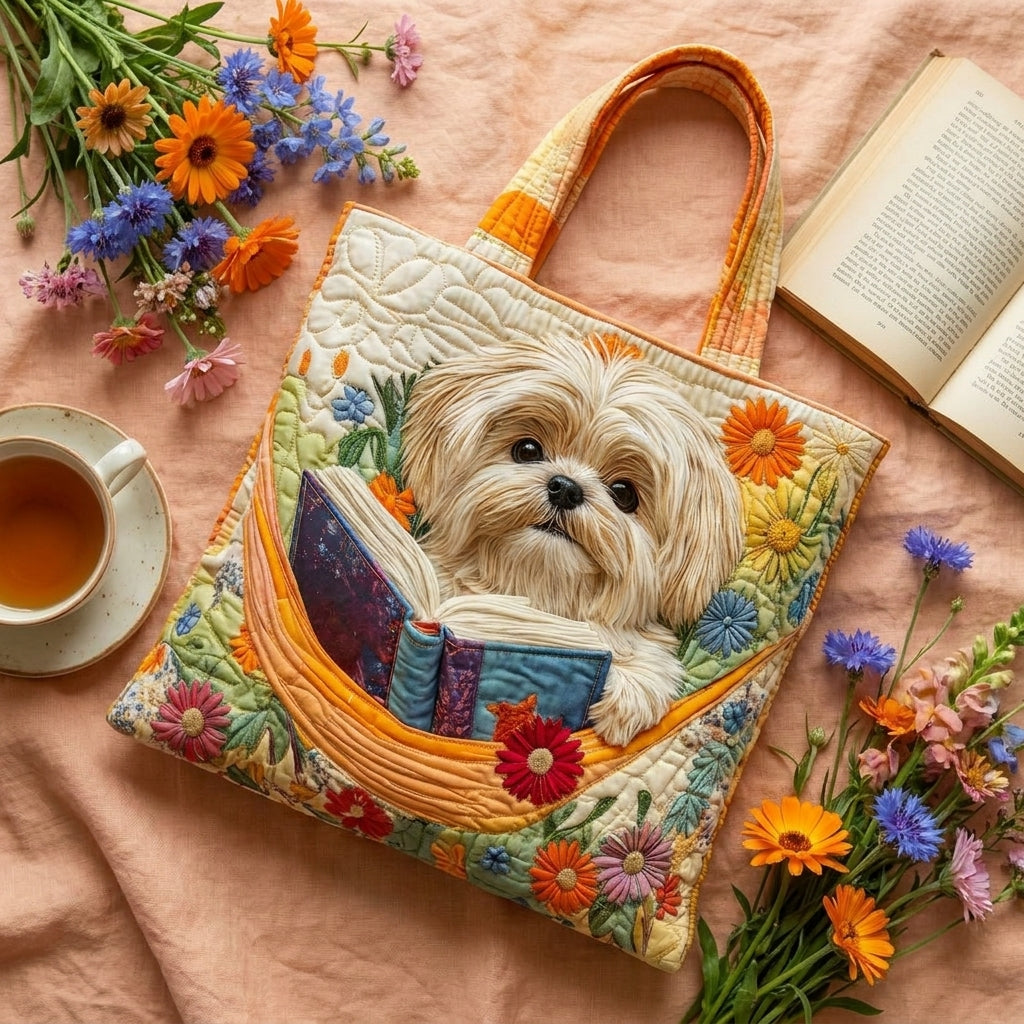 Bolso con shih tzu, libros y flores