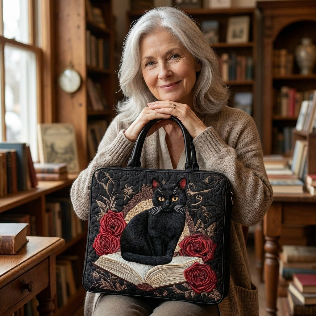 Bolso acolchado con gato negro sobre libros