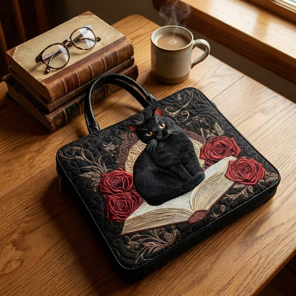 Bolso acolchado con gato negro sobre libros