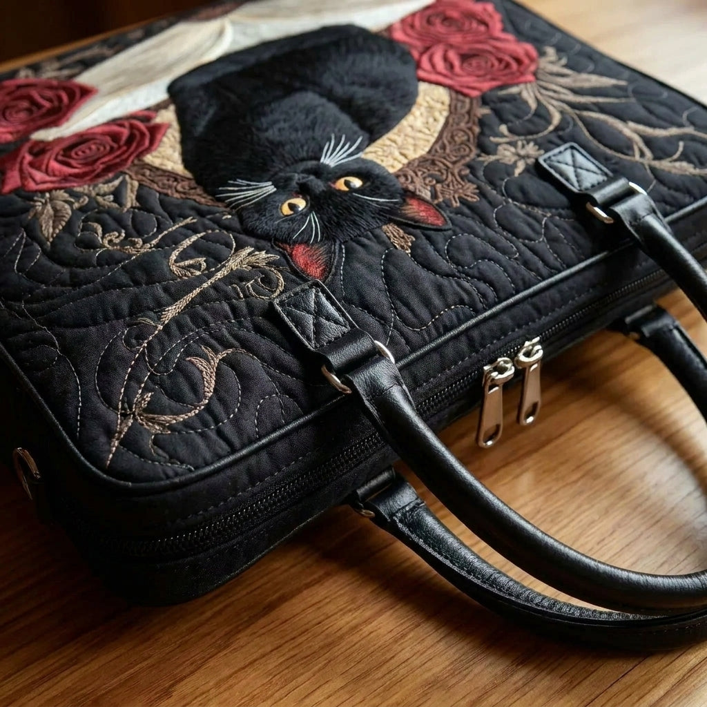 Bolso acolchado con gato negro sobre libros