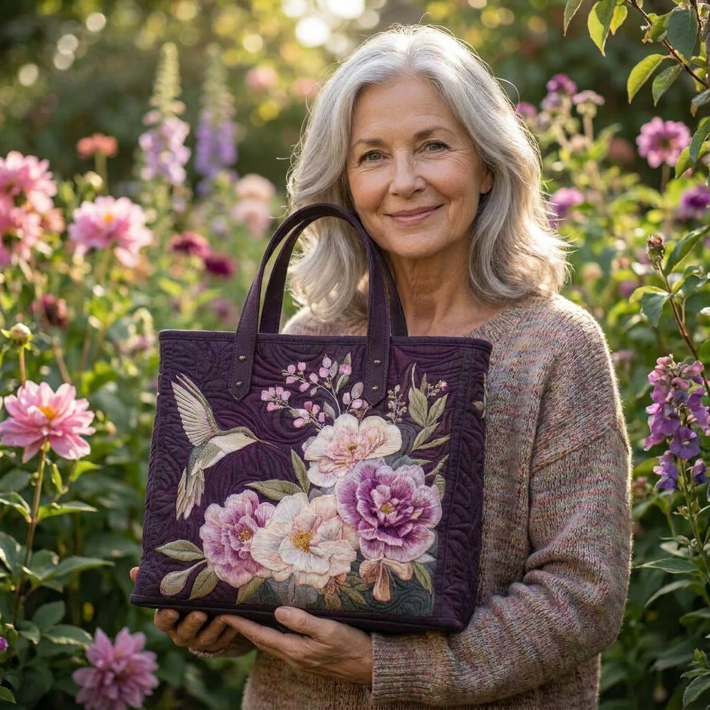 Bolso acolchado con colibríes y orquídeas