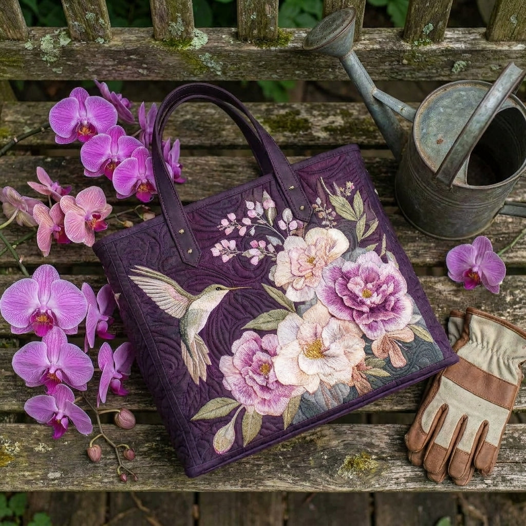 Bolso acolchado con colibríes y orquídeas