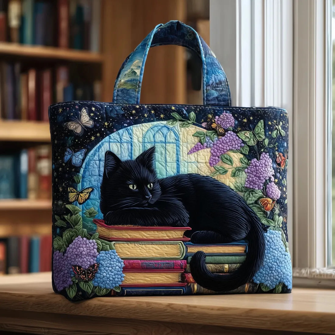 Bolso con gato negro sobre libros