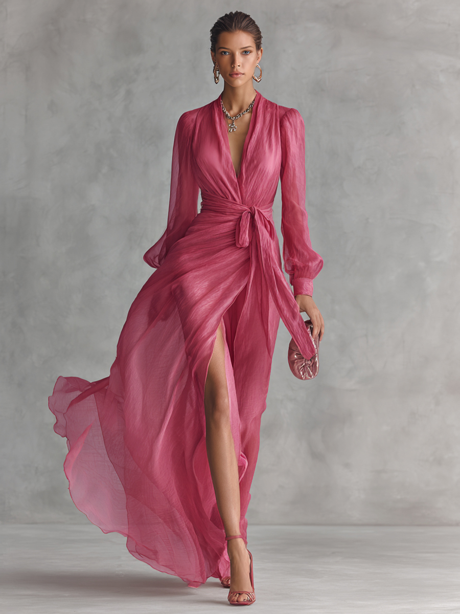 Maylis | Vestido largo rosa con cuello de pico