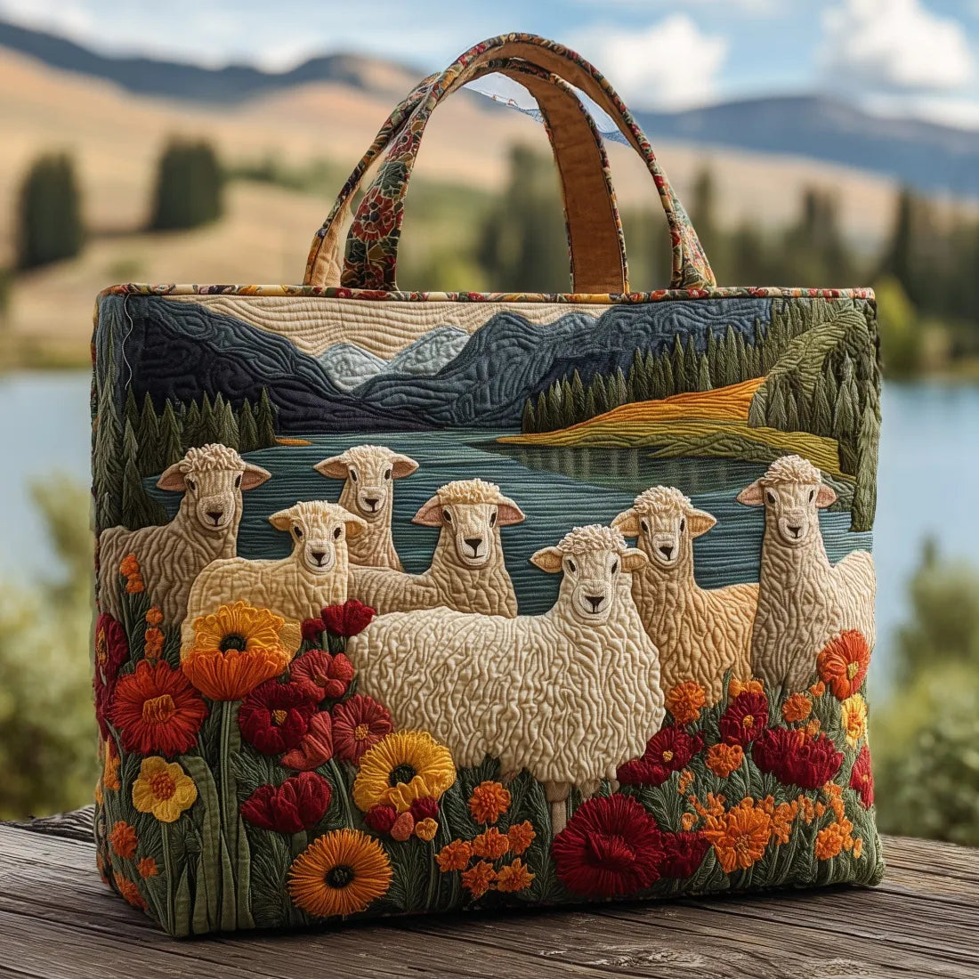 Bolso con ovejas junto al lago