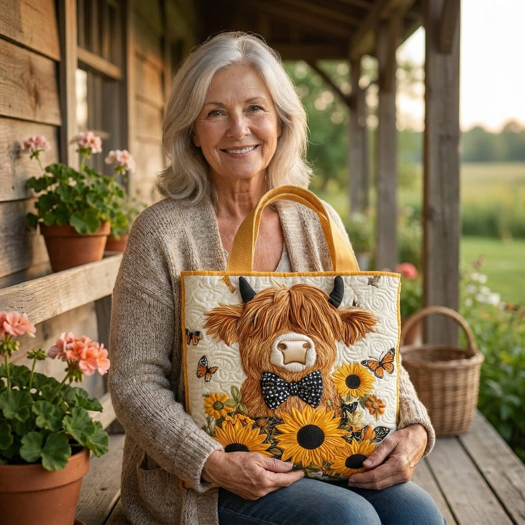 Bolso acolchado con vaca de las Highlands y girasoles