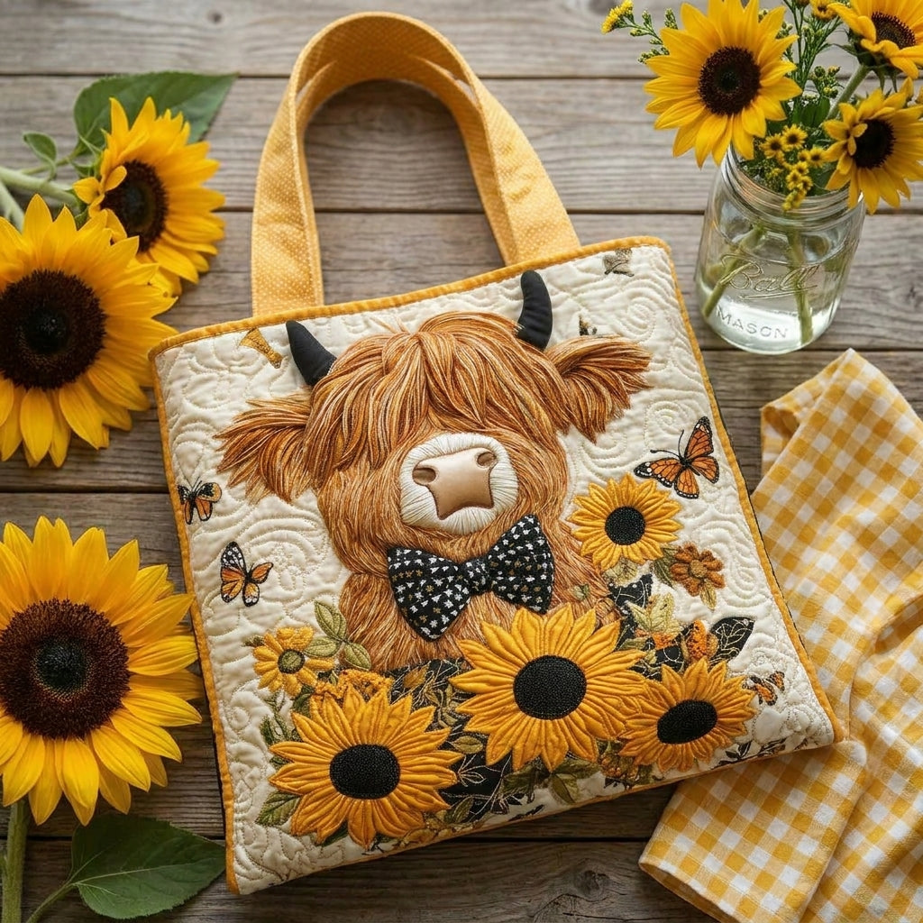 Bolso acolchado con vaca de las Highlands y girasoles