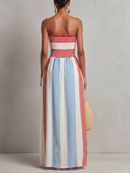 Talia | Vestido largo de rayas sin tirantes con cuerpo fruncido