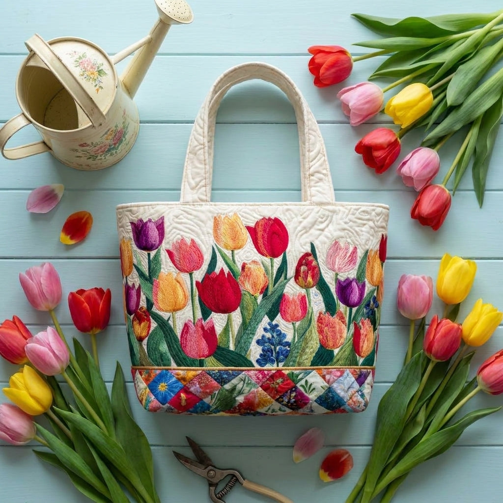 Bolso tote acolchado con jardín de tulipanes
