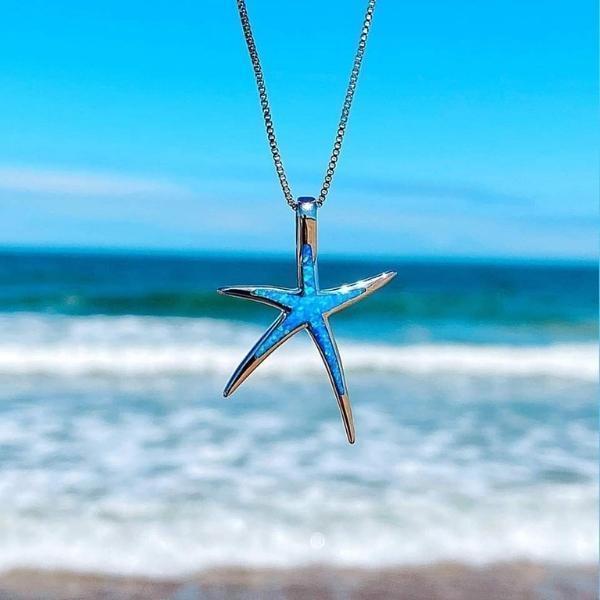 Colgante de estrella de mar en ópalo azul y plateado