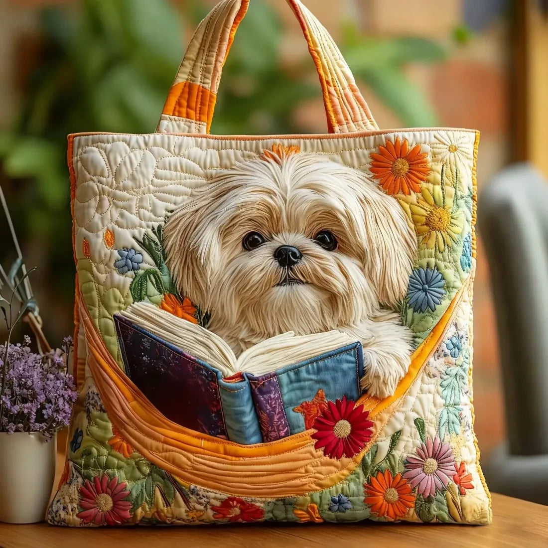 Bolso con shih tzu, libros y flores