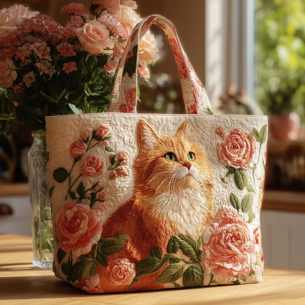 Bolso con gato naranja y rosas
