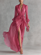 Maylis | Vestido largo rosa con cuello de pico