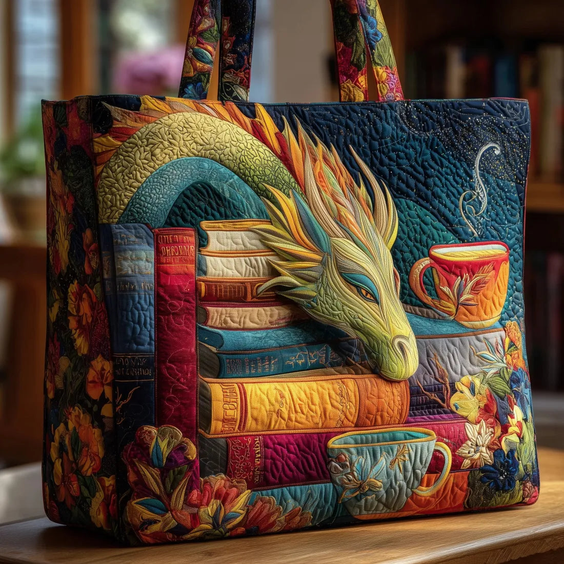 Bolso con dragón lector, libros y tazas
