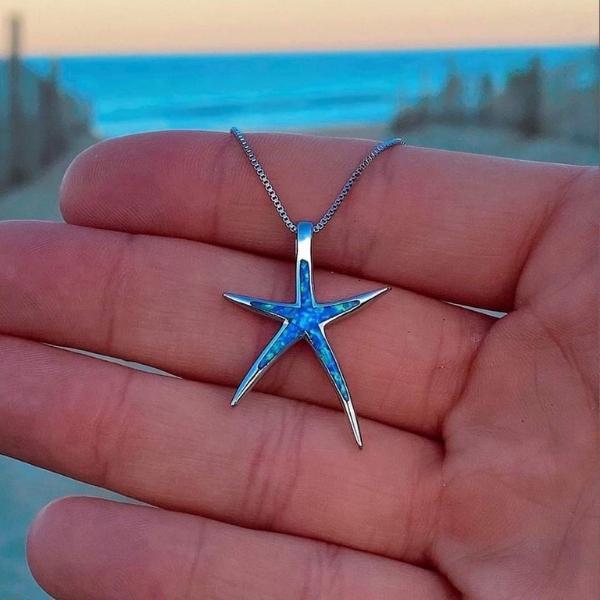 Colgante de estrella de mar en ópalo azul y plateado