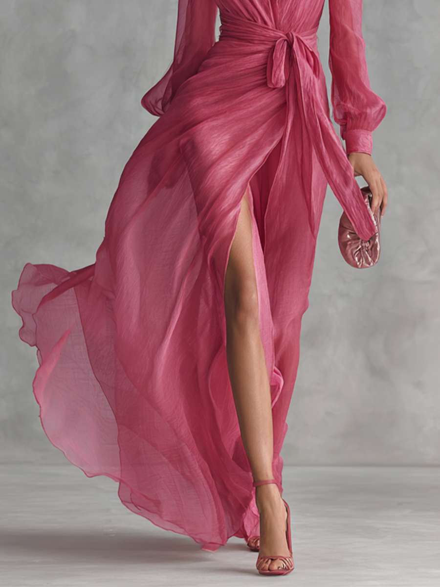 Maylis | Vestido largo rosa con cuello de pico