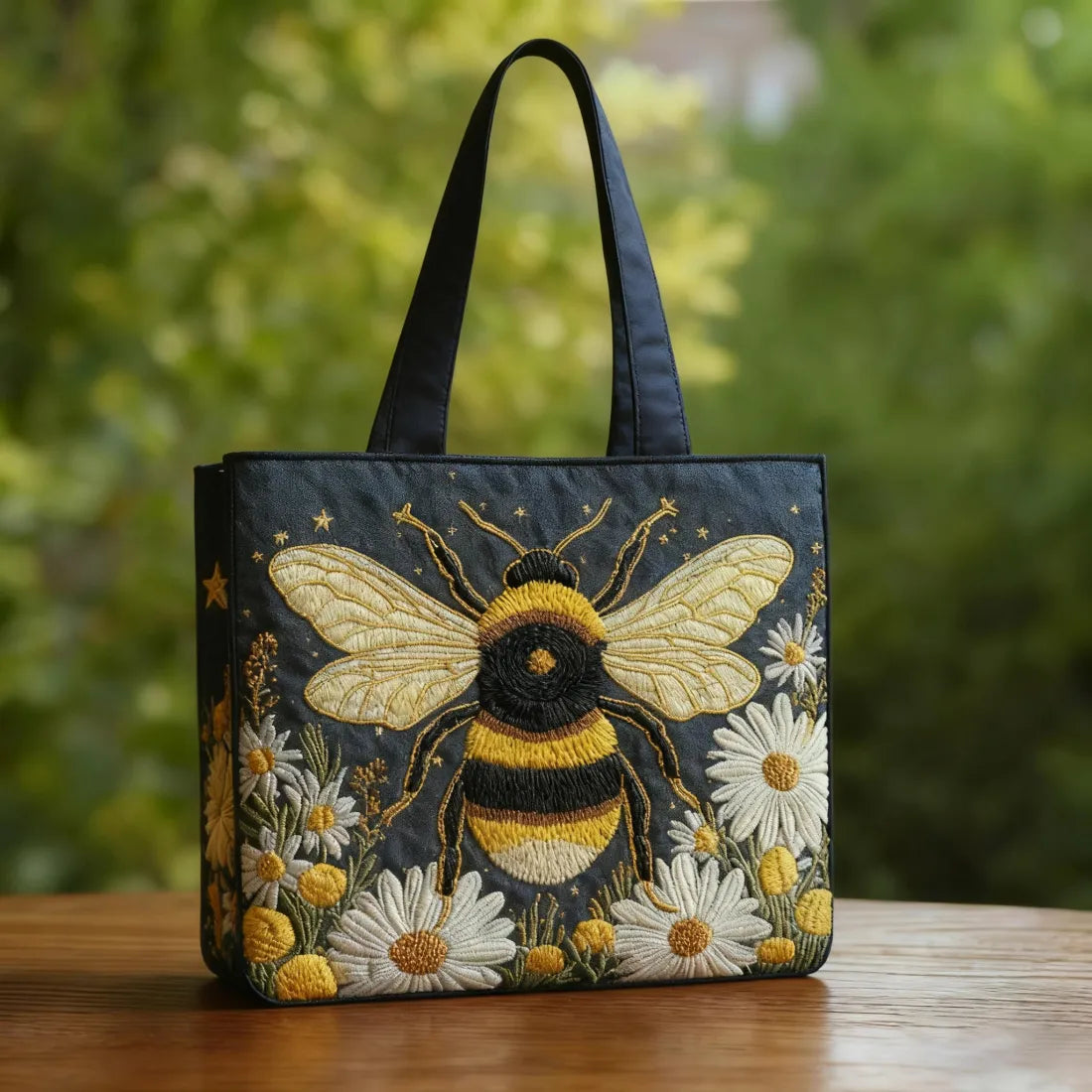 Bolso tote con abeja, margaritas y estrellas