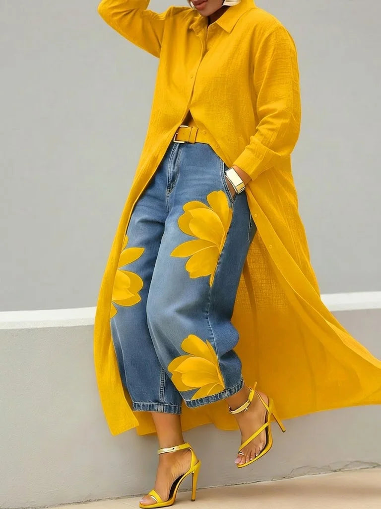 Analie | Conjunto de vestido camisero y vaqueros florales