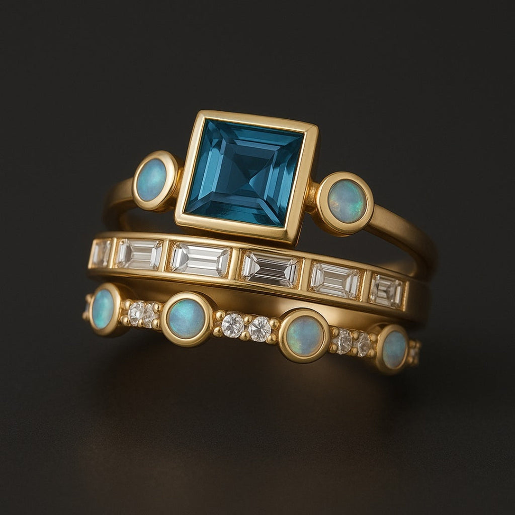 Conjunto de anillos vintage con cristales azules