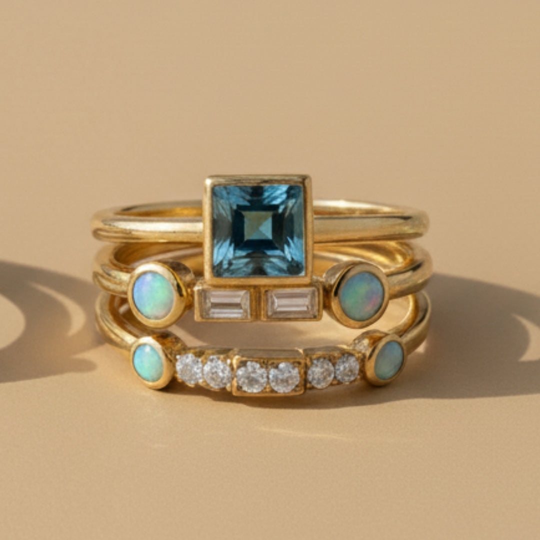 Conjunto de anillos vintage con cristales azules