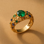Anillo dorado con cristales verdes y azules
