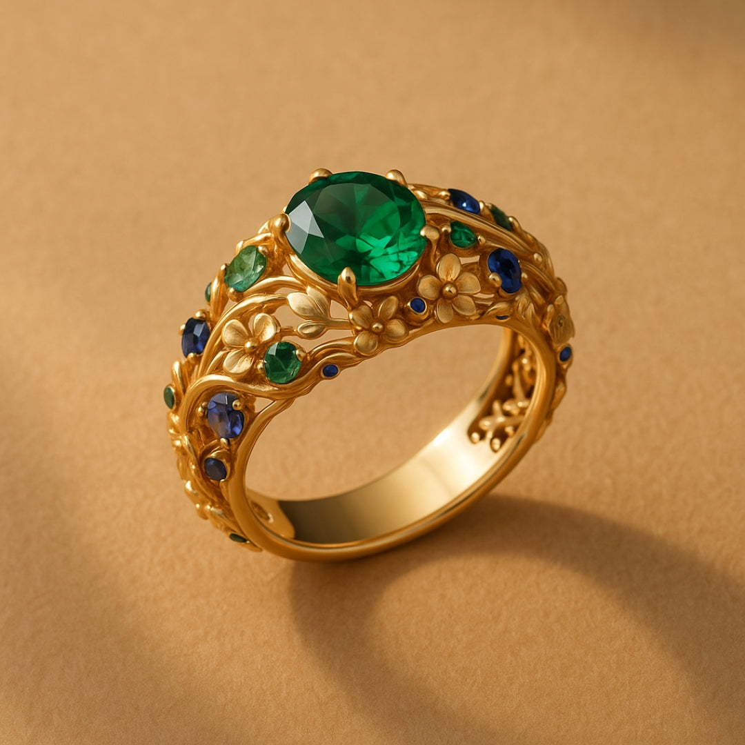 Anillo dorado con cristales verdes y azules