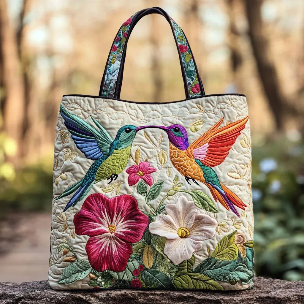 Bolso acolchado con colibrí y flores blancas
