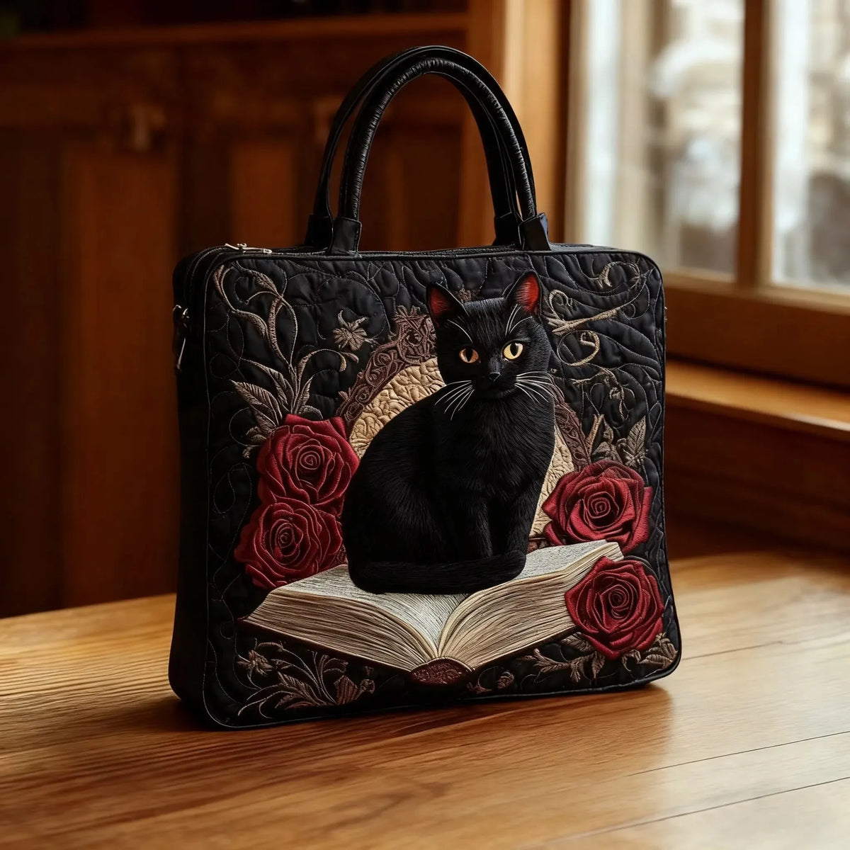 Bolso acolchado con gato negro sobre libros