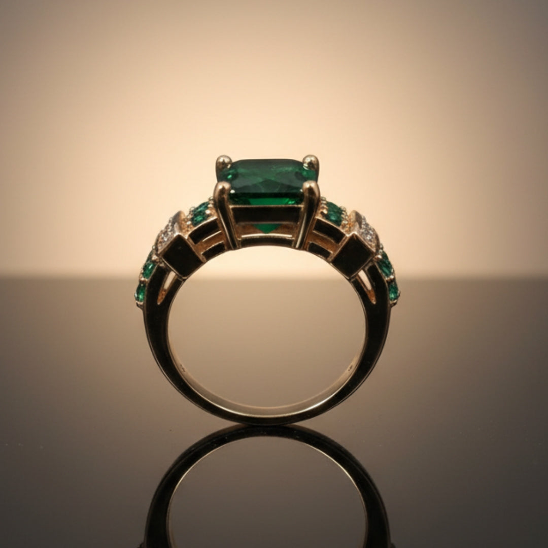Anillo dorado con cristal verde