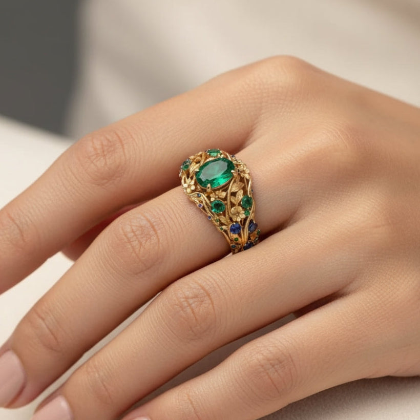 Anillo dorado con cristales verdes y azules