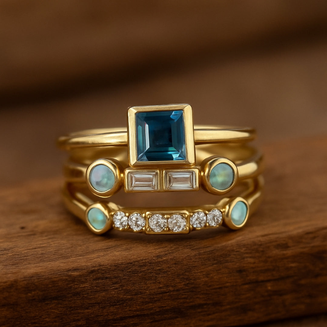 Conjunto de anillos vintage con cristales azules