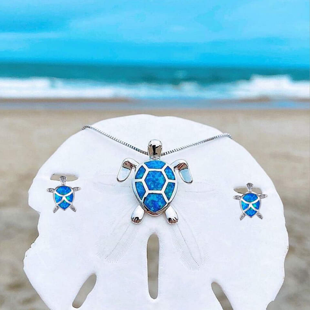 Conjunto de collar y pendientes de tortuga marina en ópalo y plateado