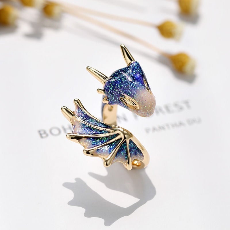 Anillo ajustable de dragón plateado con esmalte pintado