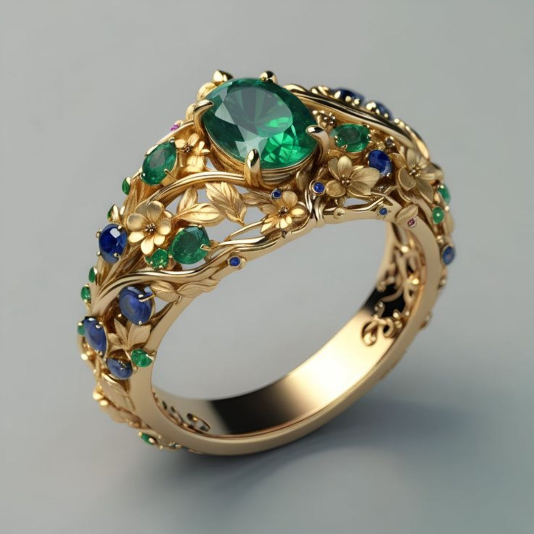 Anillo dorado con cristales verdes y azules
