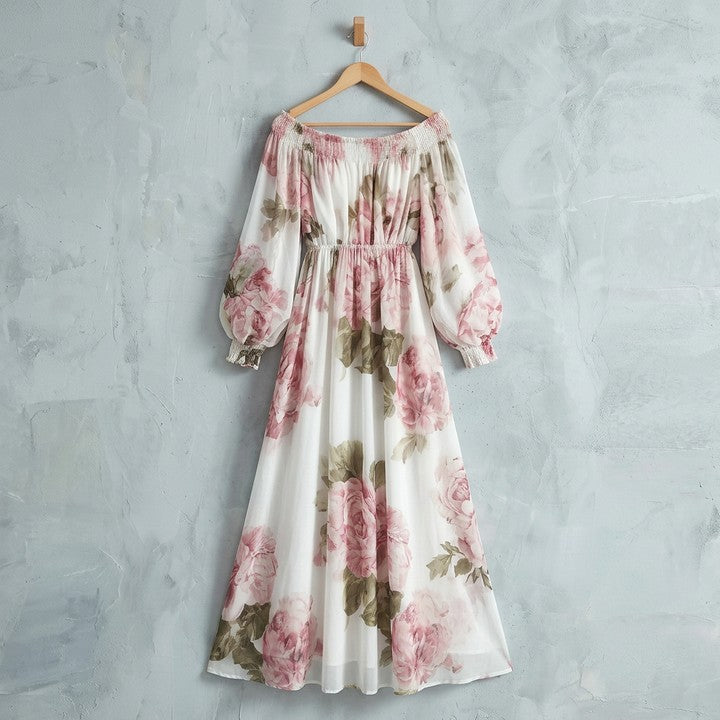 Rita | Vestido largo floral con hombros descubiertos