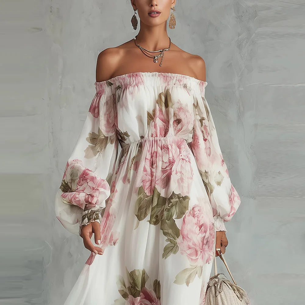 Rita | Vestido largo floral con hombros descubiertos