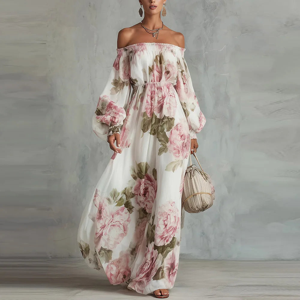 Rita | Vestido largo floral con hombros descubiertos