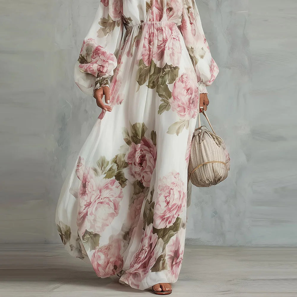 Rita | Vestido largo floral con hombros descubiertos