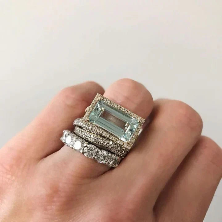Conjunto de anillos vintage plateados con cristal turquesa