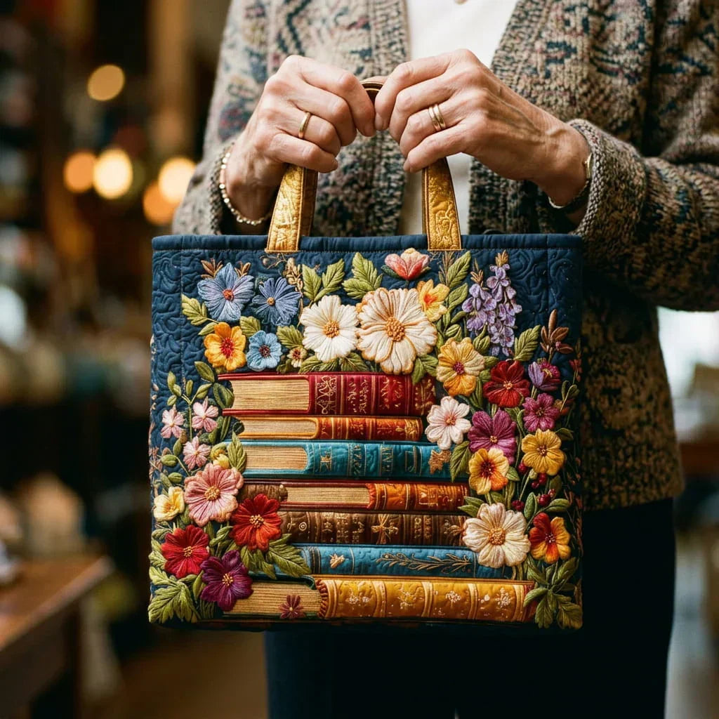 Bolso tote con estampado floral y libros