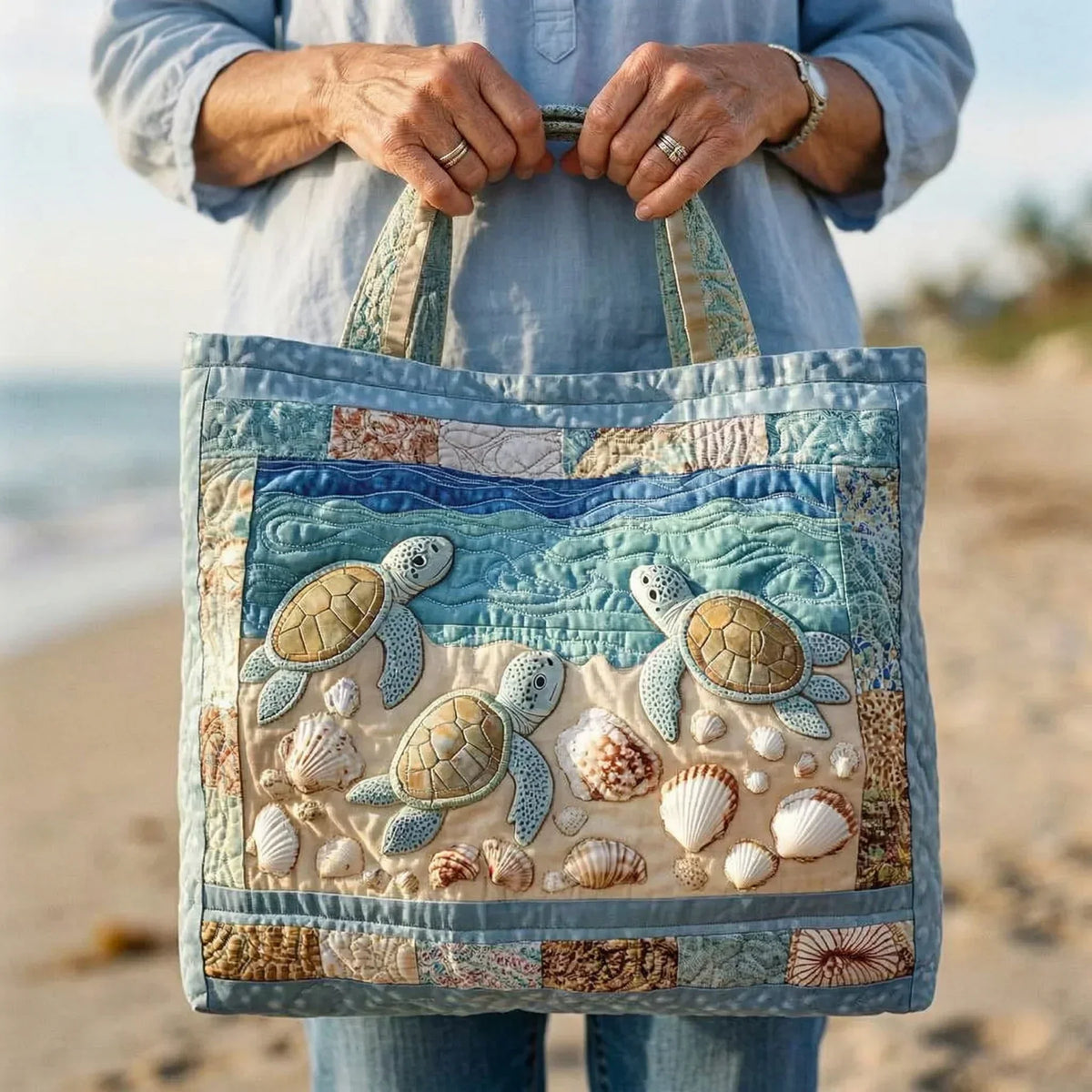 Bolso tote acolchado con tortugas marinas