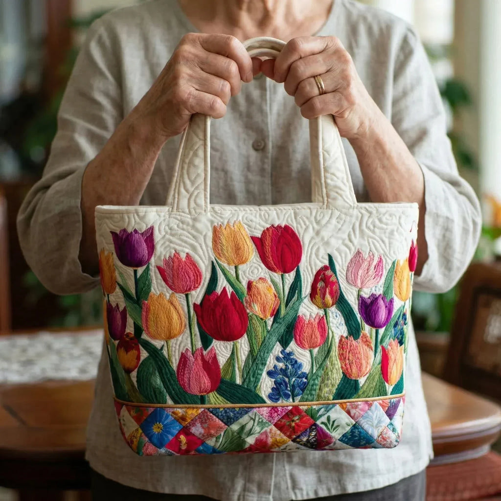 Bolso tote acolchado con jardín de tulipanes